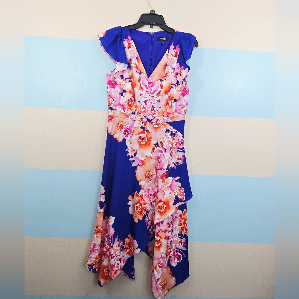 NWT Kensie Blue Asymmetrical-hem Flutter Sleeve Midi Dress - Picture 2 of 6